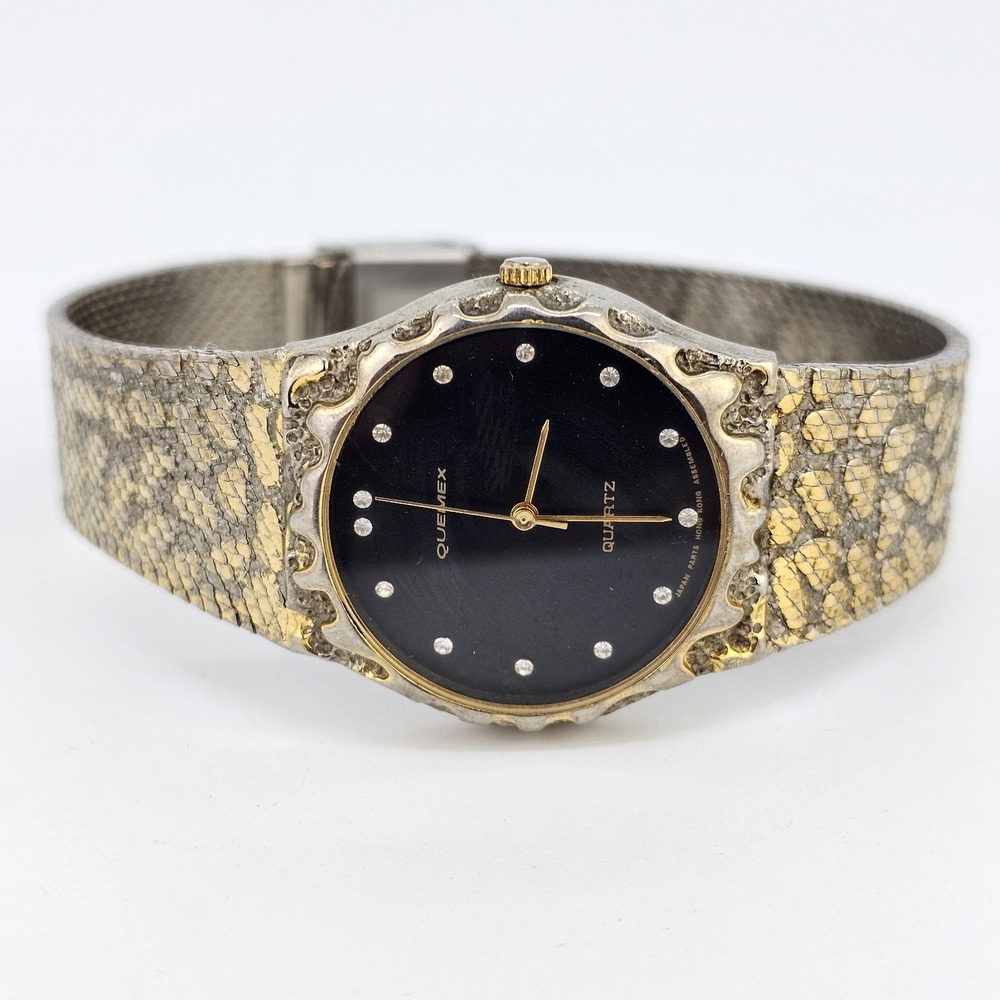 VTG QUEMEX Nugget Watch 32MM Black Dial Gold Tone‎ Bands Up to 7" New Battery